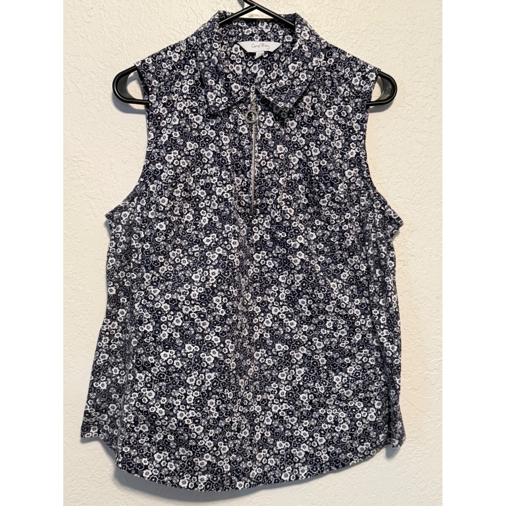Coral Bay Womens Navy Blue White Floral Sleeveless Quarter Zip Collared Top L